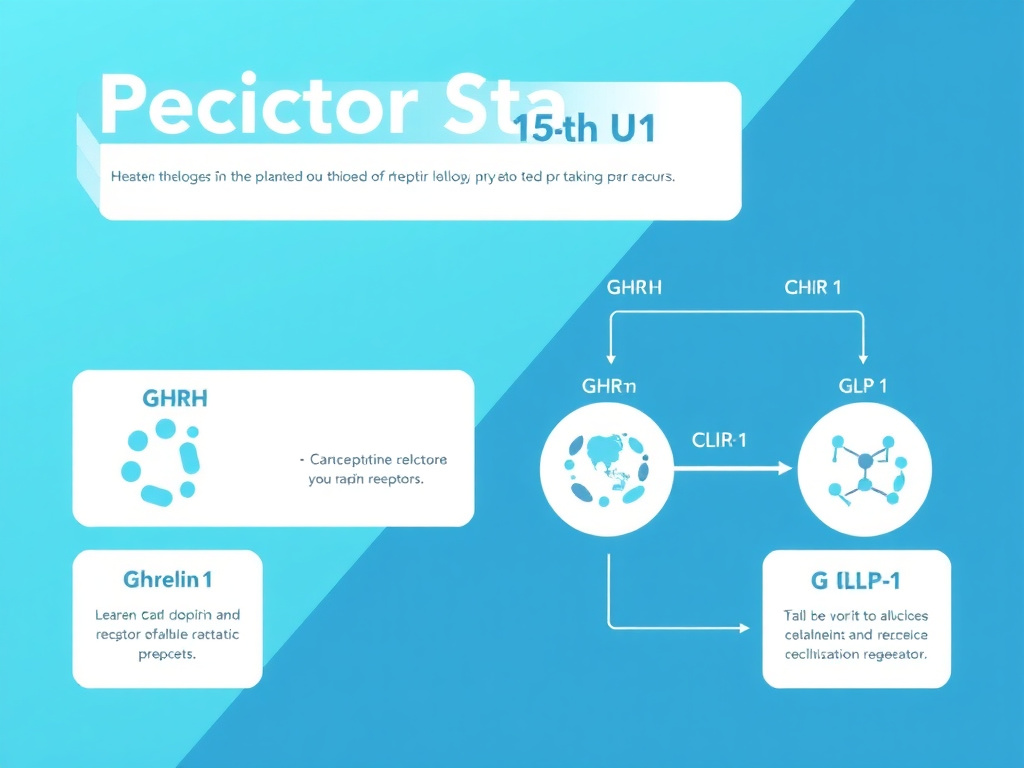 Diagram showing receptor biology principles for peptide stacking, including GHRH receptor, ghrelin receptor, and GLP-1 receptor pathways on target cells
