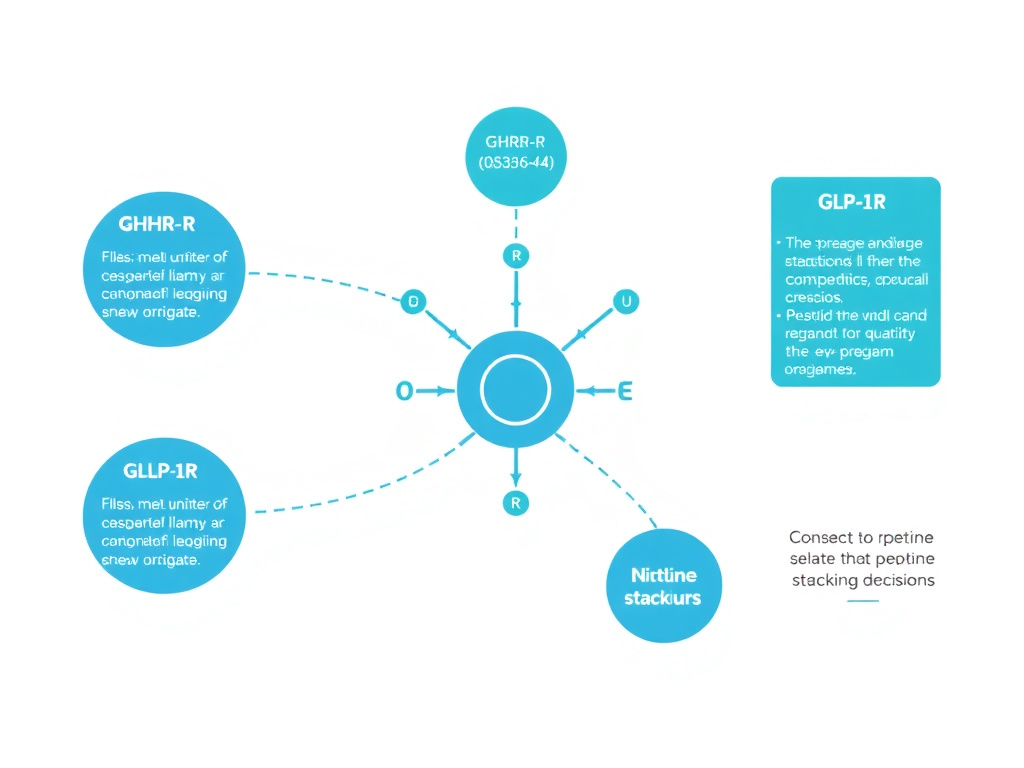 Detailed molecular diagram showing GHRH-R, GHS-R1a, GLP-1R, TLR, and nitric oxide signaling pathways and their interactions relevant to peptide stacking decisions