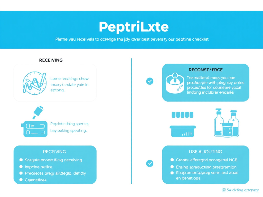 Printable best practices checklist for peptide storage covering receiving, storing, reconstituting, using, aliquoting, and ongoing maintenance procedures