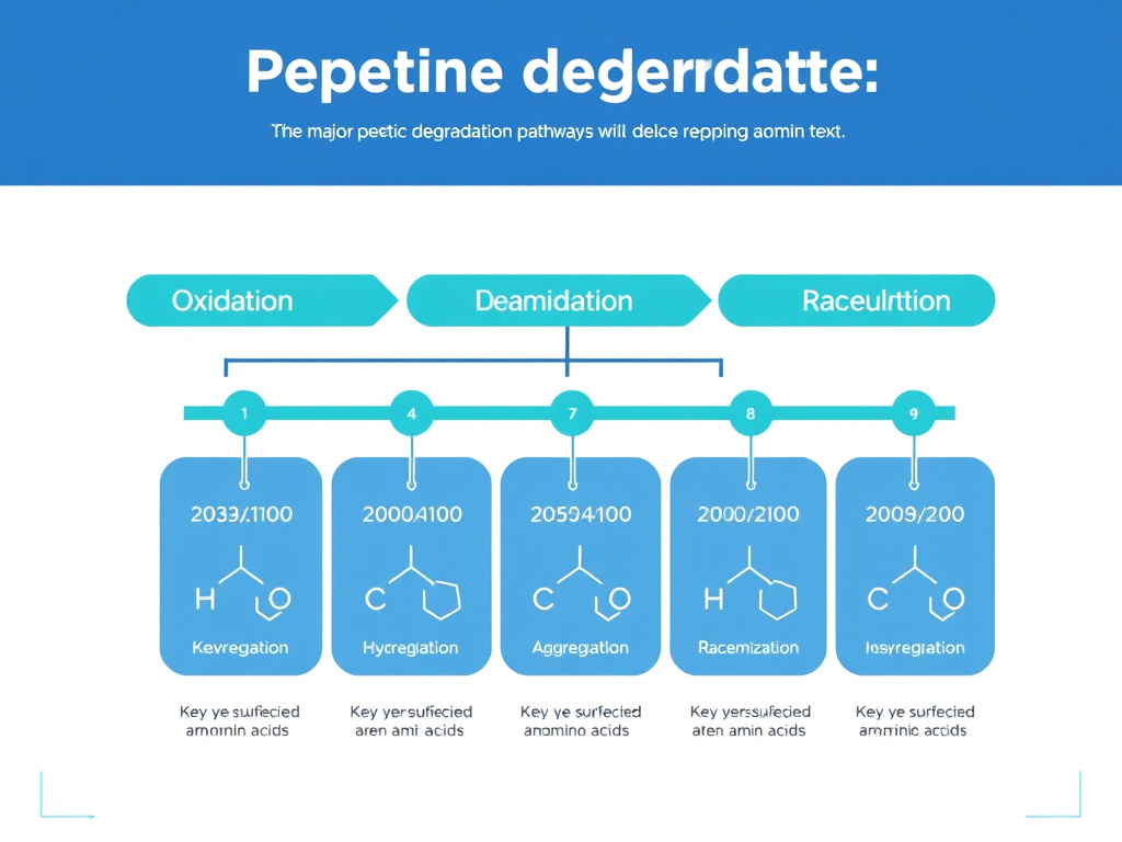 Diagram showing the six major peptide degradation pathways: oxidation, deamidation, hydrolysis, aggregation, racemization, and disulfide scrambling, with their key triggers and susceptible amino acids