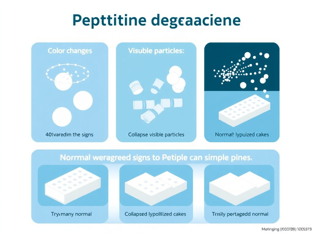 Visual guide showing the warning signs of peptide degradation including color changes, cloudiness, visible particles, and collapsed lyophilized cakes with photographs of normal versus degraded samples