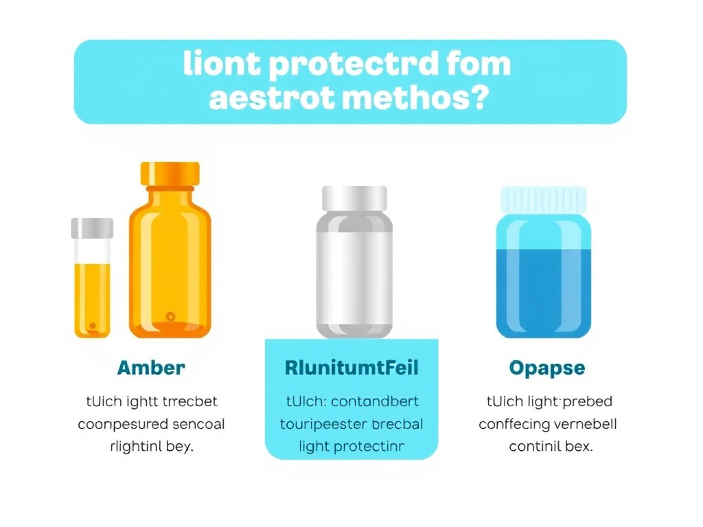 Comparison of light protection methods for peptide storage including amber vials, aluminum foil wrapping, opaque containers, and their effectiveness at blocking UV wavelengths