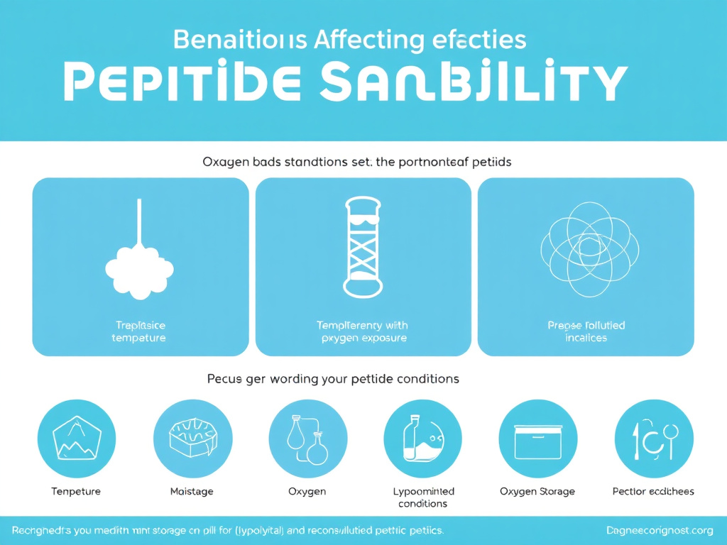 Infographic summarizing the key factors affecting peptide stability: temperature, light, moisture, pH, and oxygen exposure with recommended storage conditions for lyophilized and reconstituted peptides