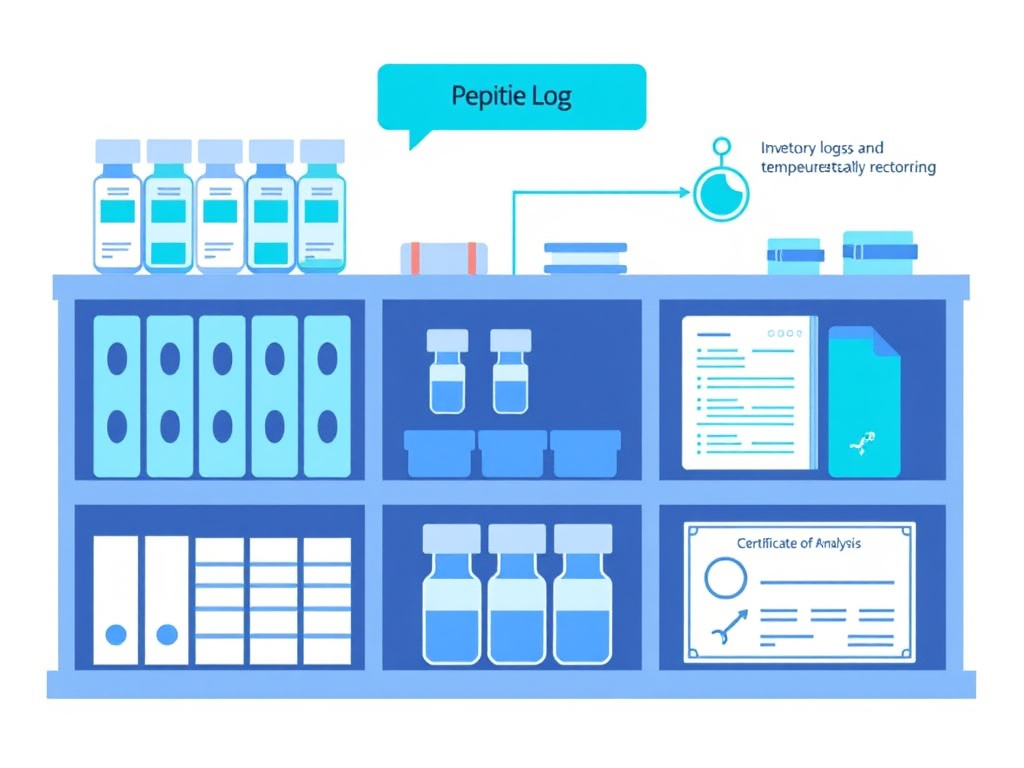 Example of a well-organized peptide storage documentation system showing inventory logs, temperature records, and certificate of analysis filing for research compliance