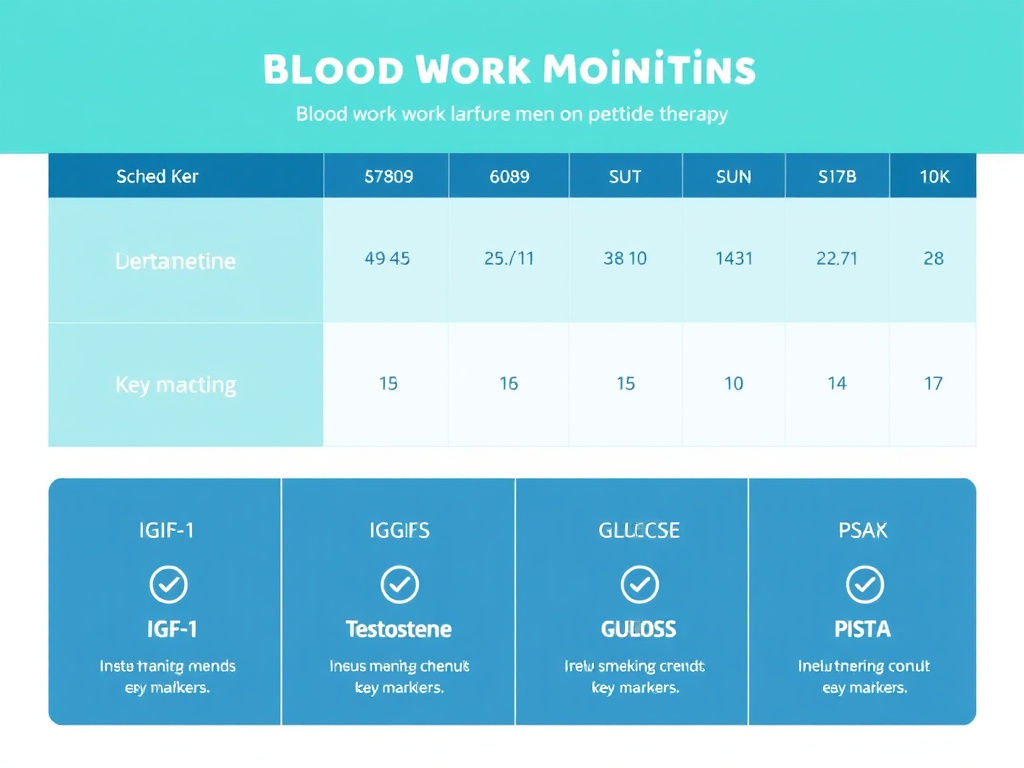 Blood work monitoring schedule and key markers for men on peptide therapy including IGF-1, testosterone, glucose, and PSA tracking