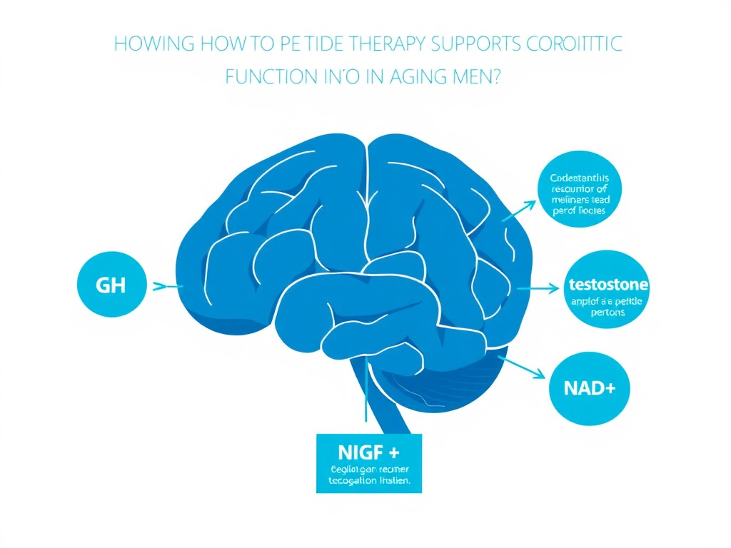 Diagram showing how peptide therapy supports cognitive function in aging men through GH, IGF-1, testosterone, and NAD+ pathways