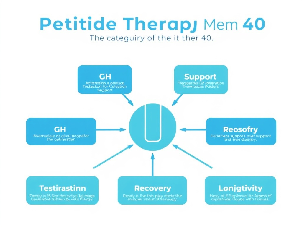 Overview of peptide therapy categories for men over 40 including GH optimization, testosterone support, recovery, and longevity