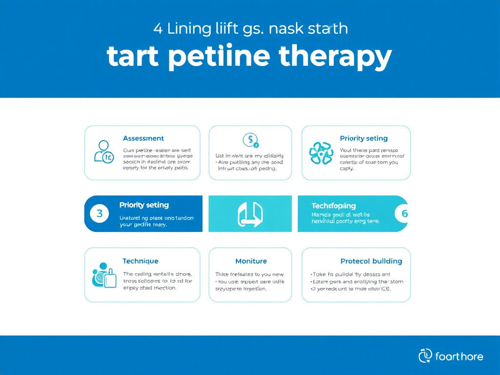 Six-step practical implementation guide for starting peptide therapy showing assessment, priority setting, sourcing, technique, monitoring, and protocol building