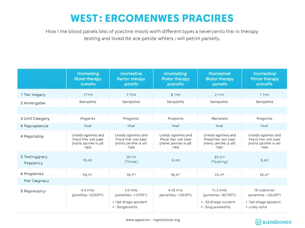 Comprehensive chart showing recommended blood work panels for different types of peptide therapy, organized by peptide category with testing frequency recommendations