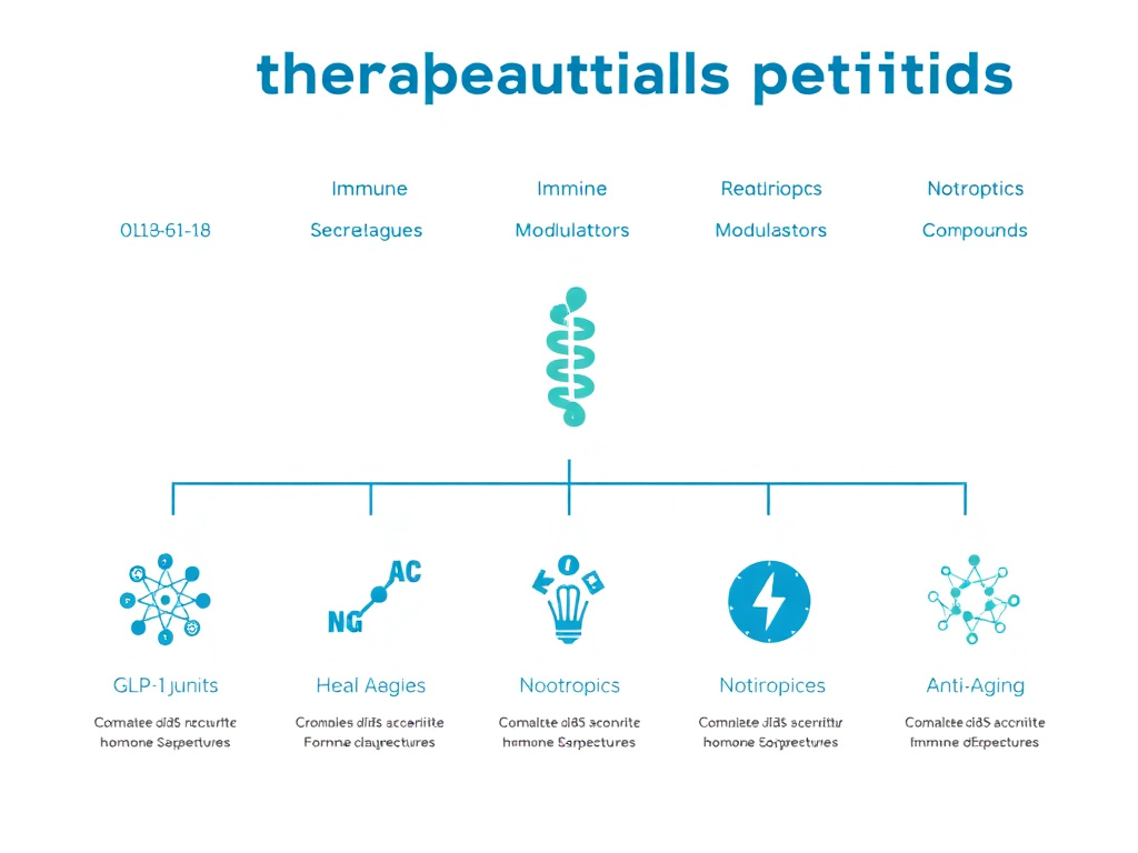 Chart showing the six main categories of therapeutic peptides: GLP-1 agonists, growth hormone secretagogues, healing peptides, immune modulators, nootropics, and anti-aging compounds