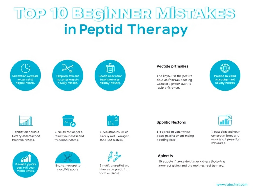 Visual checklist of the top 10 beginner mistakes in peptide therapy, with icons and brief descriptions for each mistake to avoid