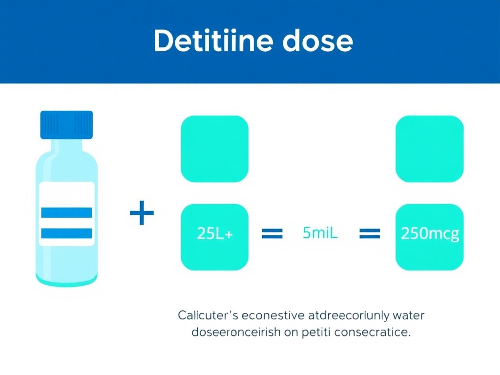 Step-by-step visual example of peptide dosing calculation showing a 5mg vial reconstituted with 2mL bacteriostatic water and the resulting concentration calculation for a 250mcg dose