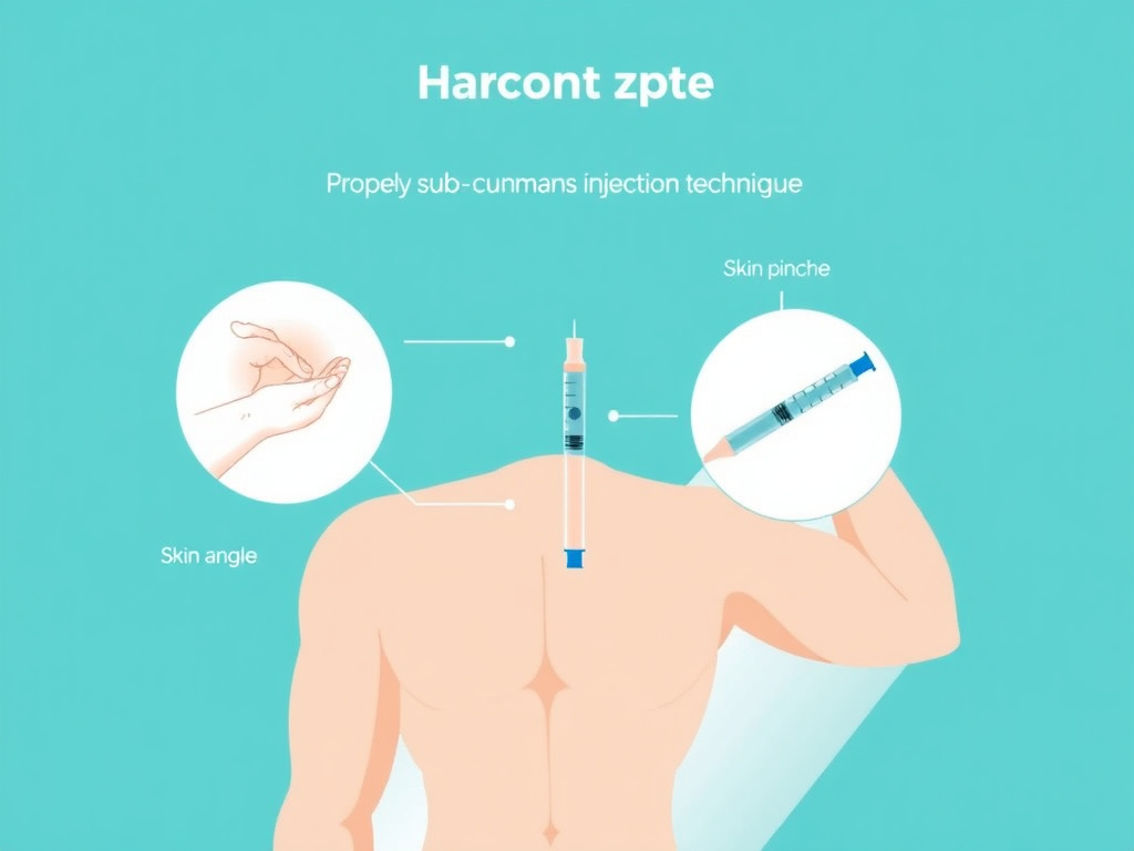 Diagram showing proper subcutaneous injection technique for peptide therapy, including skin pinching, needle angle, and common injection sites on the body