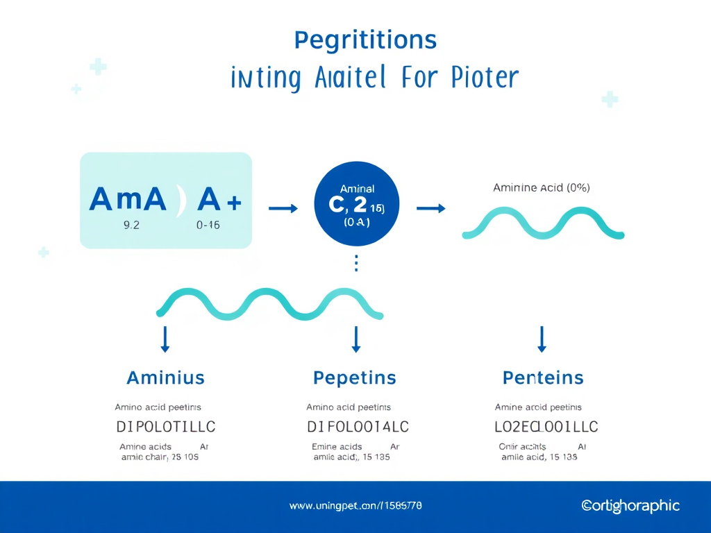 Infographic showing the relationship between amino acids, peptides, and proteins, with examples of common therapeutic peptides and their amino acid chain lengths