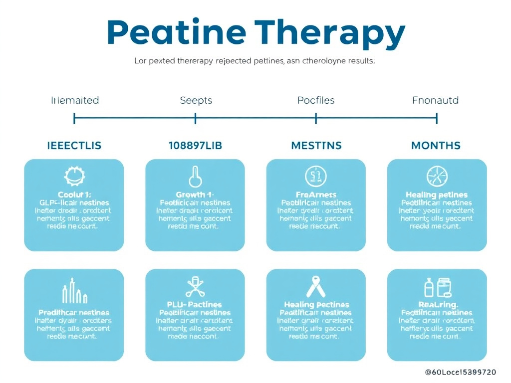 Visual timeline showing expected results from major peptide therapy categories over 1 to 12 months, including GLP-1 agonists, growth hormone secretagogues, and healing peptides