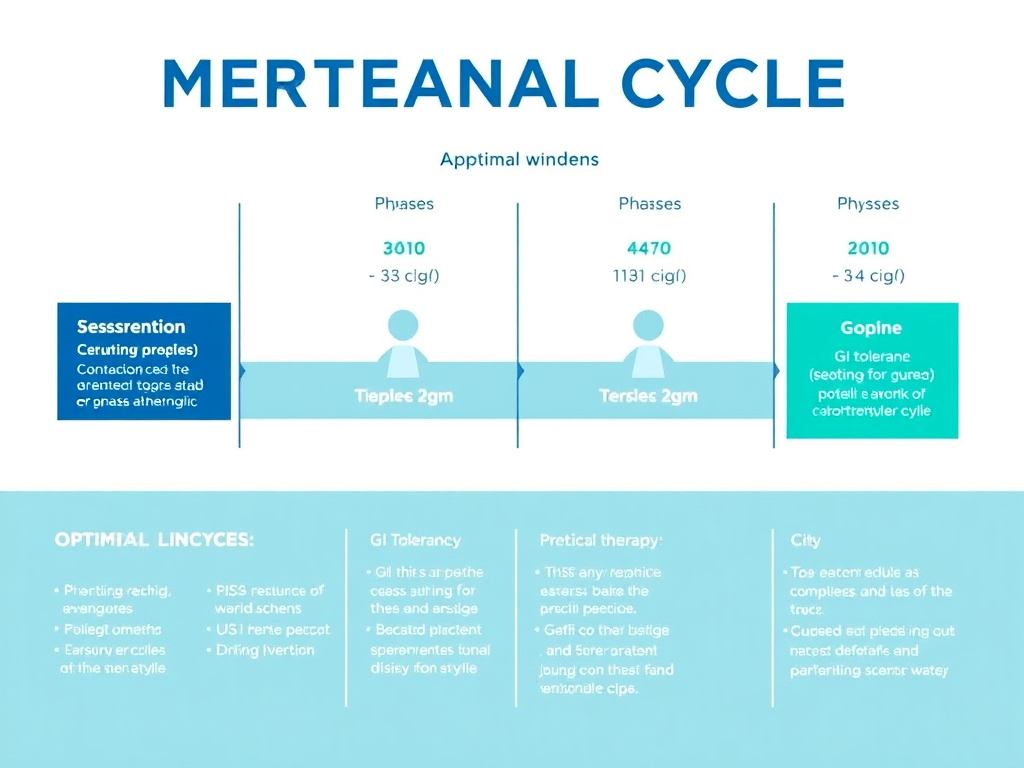 Menstrual cycle diagram showing the four phases with optimal windows for different peptide therapies and notes on GI tolerance and side effect management across the cycle