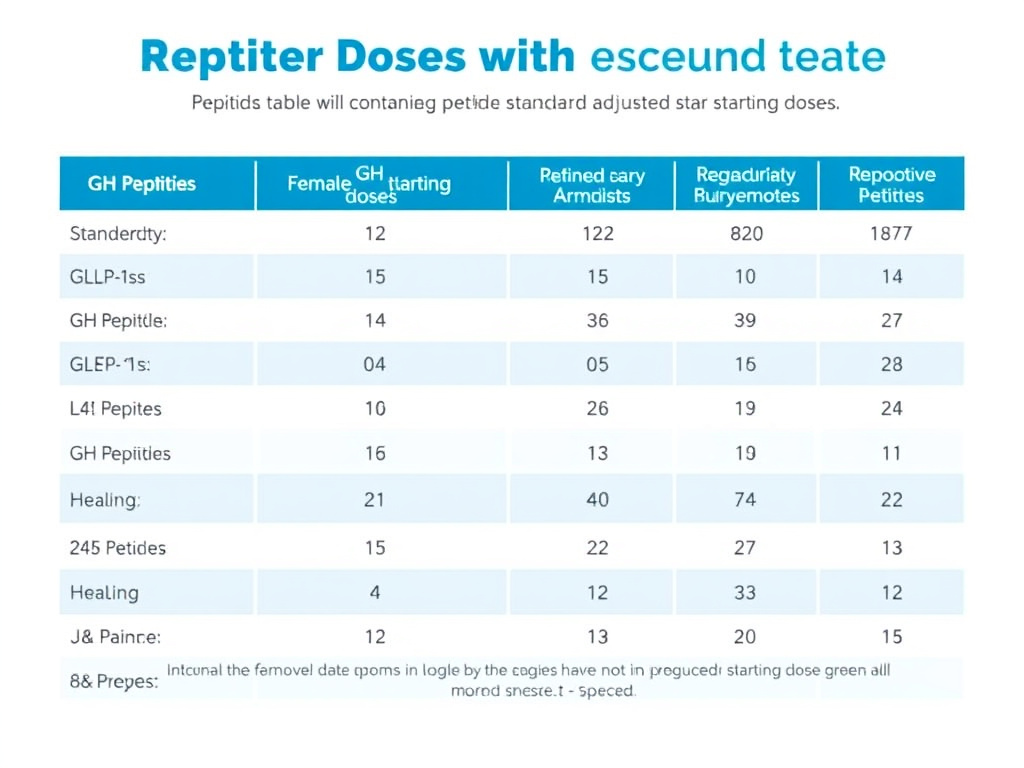 Comprehensive dosing reference table comparing standard peptide doses with female-adjusted starting doses across all major peptide categories including GLP-1s, GH peptides, healing peptides, and reproductive peptides