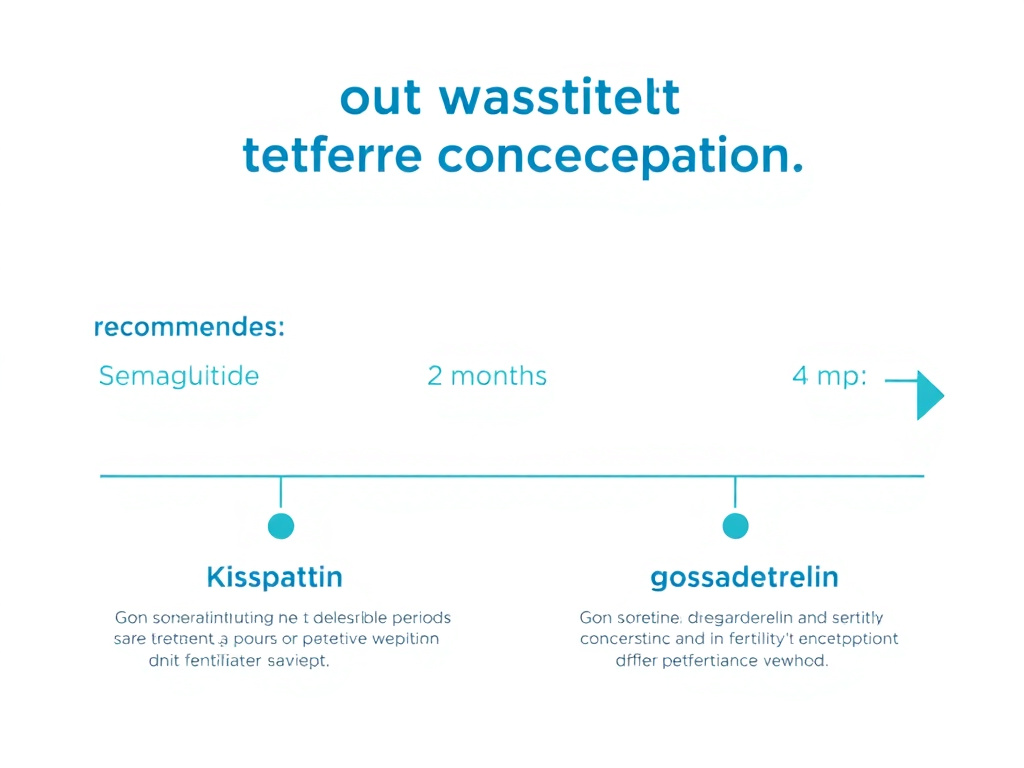 Timeline showing recommended washout periods for different peptides before conception including semaglutide 2 months, tirzepatide 2 months, and the safe window for kisspeptin and gonadorelin use in fertility treatment