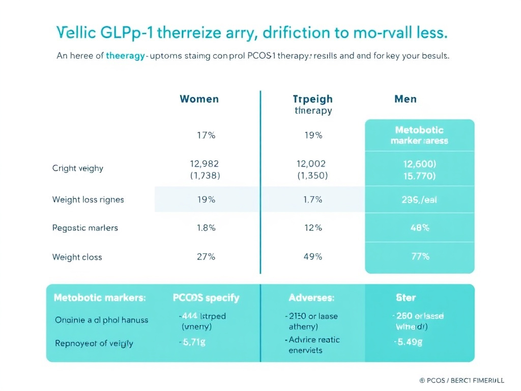 Chart comparing GLP-1 therapy outcomes in women versus men across weight loss, metabolic markers, and adverse effects with emphasis on PCOS-specific results