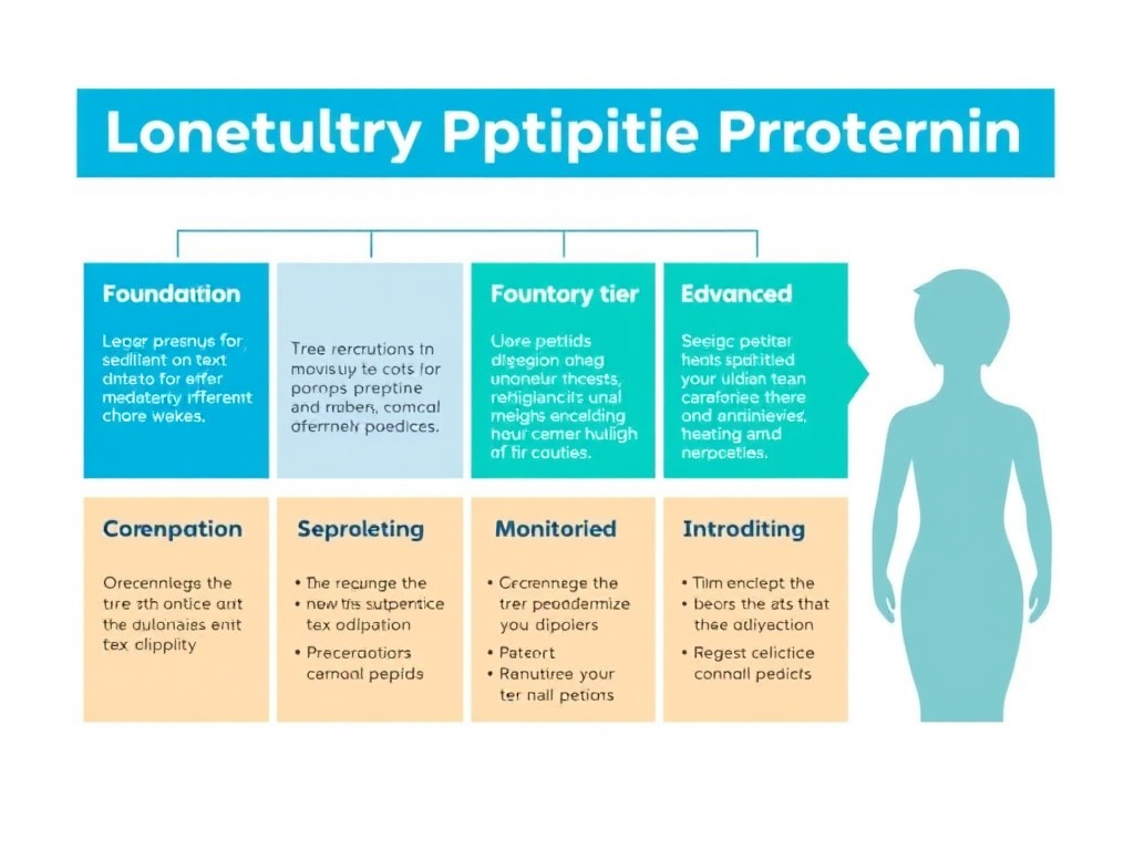 Four-tier longevity peptide protocol for women showing sequential introduction from foundation tier through advanced longevity tier with specific peptides, dosing, and monitoring at each level