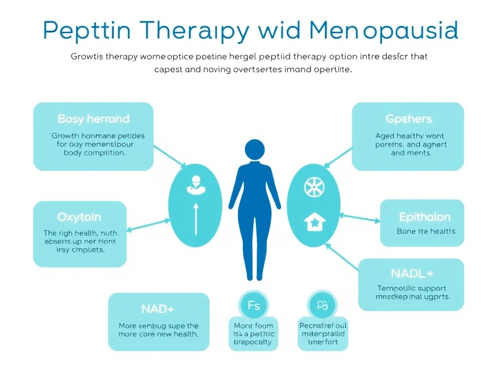 Comprehensive diagram showing peptide therapy options for menopausal women including growth hormone peptides for body composition, oxytocin for mood and bone health, epithalon for sleep and telomeres, and NAD+ for metabolic support