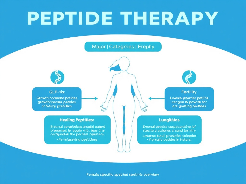 Overview infographic showing the major categories of peptide therapy relevant to women including GLP-1s, growth hormone peptides, fertility peptides, healing peptides, and longevity peptides with female-specific considerations for each