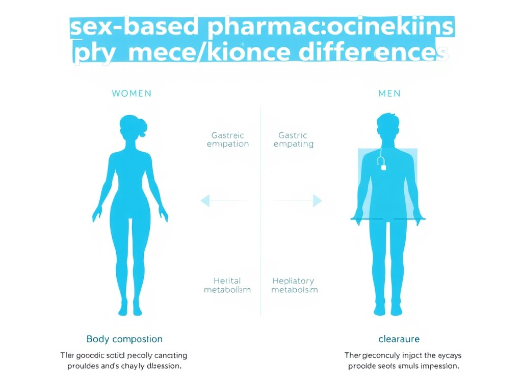 Diagram illustrating sex-based pharmacokinetic differences between women and men including body composition, gastric emptying, hepatic metabolism, and renal clearance with arrows showing impact direction