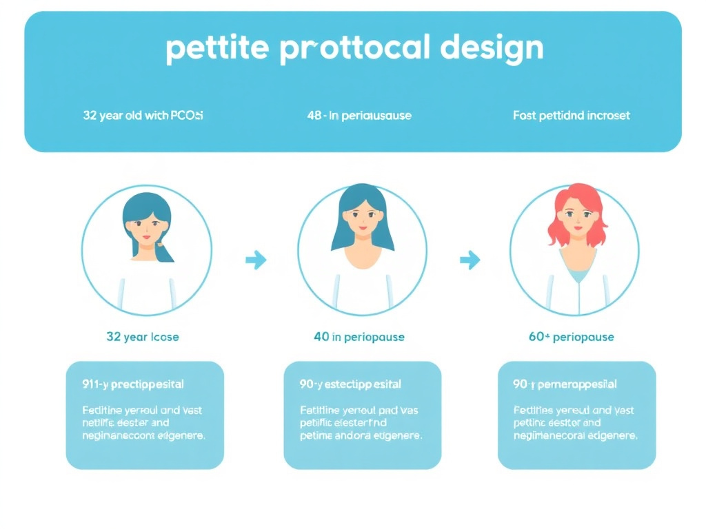 Three clinical scenario flowcharts showing peptide protocol design for a 32-year-old with PCOS, 48-year-old in perimenopause, and 60-year-old postmenopausal woman with different peptide selections and timelines for each