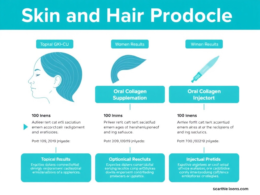 Layered skin and hair protocol for women showing topical GHK-Cu application, oral collagen supplementation, and optional injectable peptides with timelines for expected results