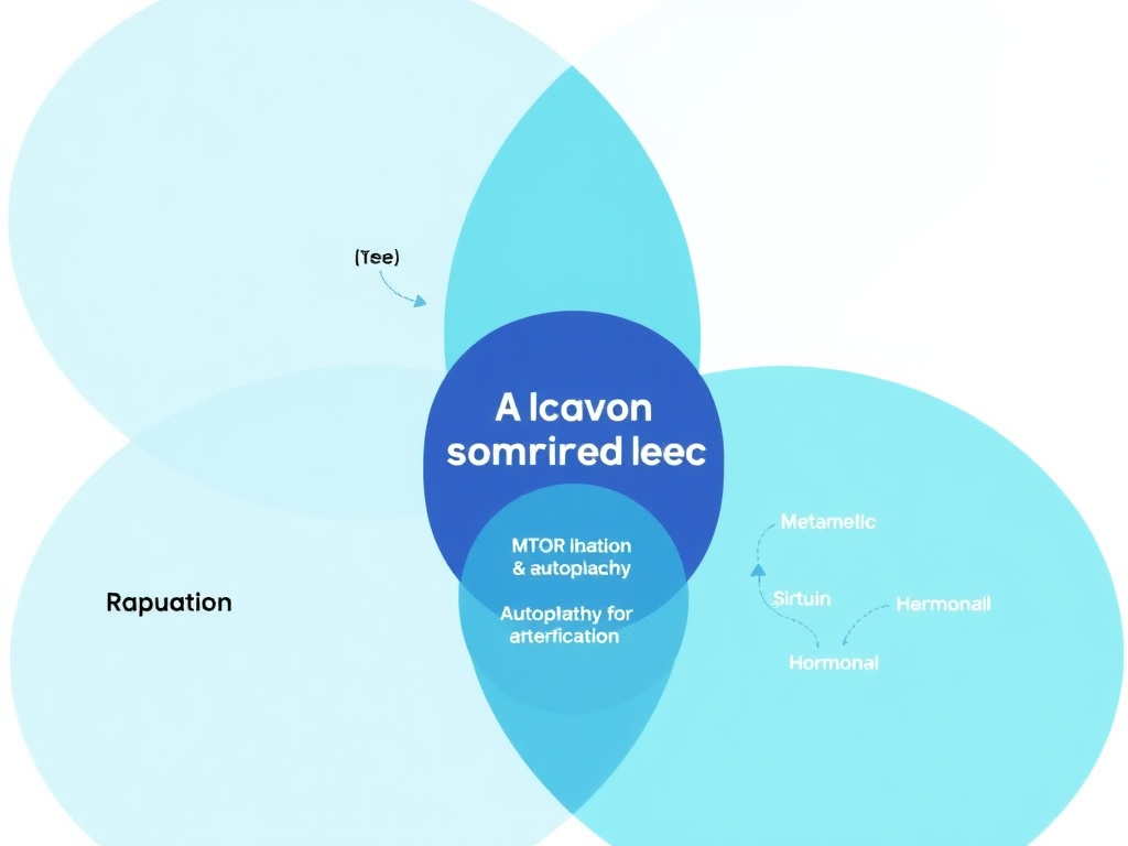 Venn diagram showing overlapping and distinct mechanisms between rapamycin and caloric restriction, including shared mTOR inhibition and autophagy effects alongside distinct metabolic, sirtuin, and hormonal pathways