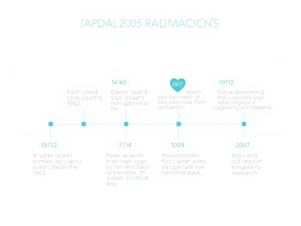 Timeline illustration showing key milestones in rapamycin's journey from Easter Island soil collection in 1965 through FDA approval in 1999 to modern longevity research
