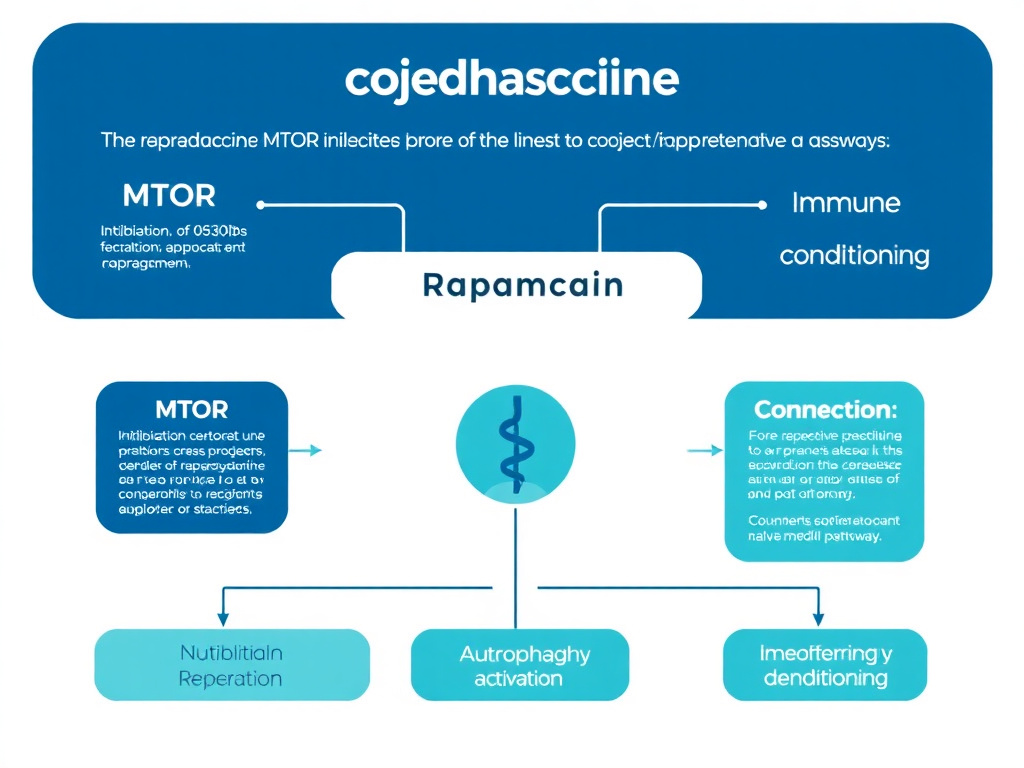 Overview diagram showing rapamycin's mechanisms of action including mTOR inhibition, autophagy activation, immune reconditioning, and connections to longevity peptide pathways