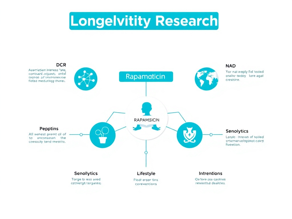 Overview of the longevity research landscape showing rapamycin's position among other interventions including peptides, senolytics, NAD+ precursors, and lifestyle interventions