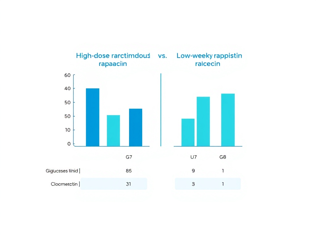Chart comparing metabolic effects of high-dose continuous rapamycin versus low-dose weekly rapamycin, showing glucose, lipid, and body composition parameters