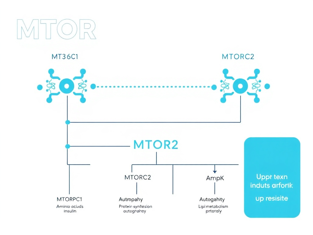 Detailed diagram of the mTOR signaling pathway showing mTORC1 and mTORC2 complexes, upstream inputs from amino acids, insulin, AMPK, and downstream outputs including protein synthesis, autophagy, and lipid metabolism
