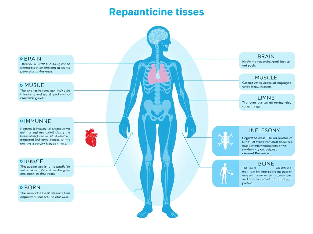 Body diagram showing rapamycin's tissue-specific effects across brain, heart, muscle, kidney, liver, immune system, skin, and bone with key benefits and considerations for each organ