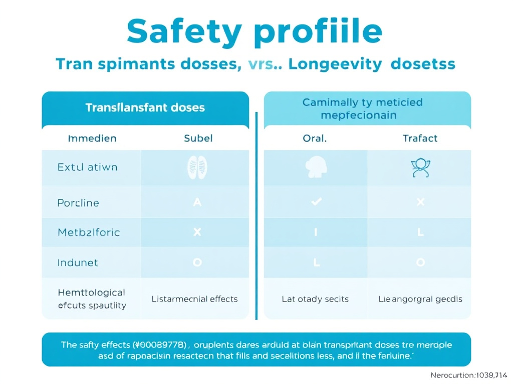 Safety profile comparison showing side effects at transplant doses versus longevity doses of rapamycin, including immune, metabolic, oral, and hematological effects