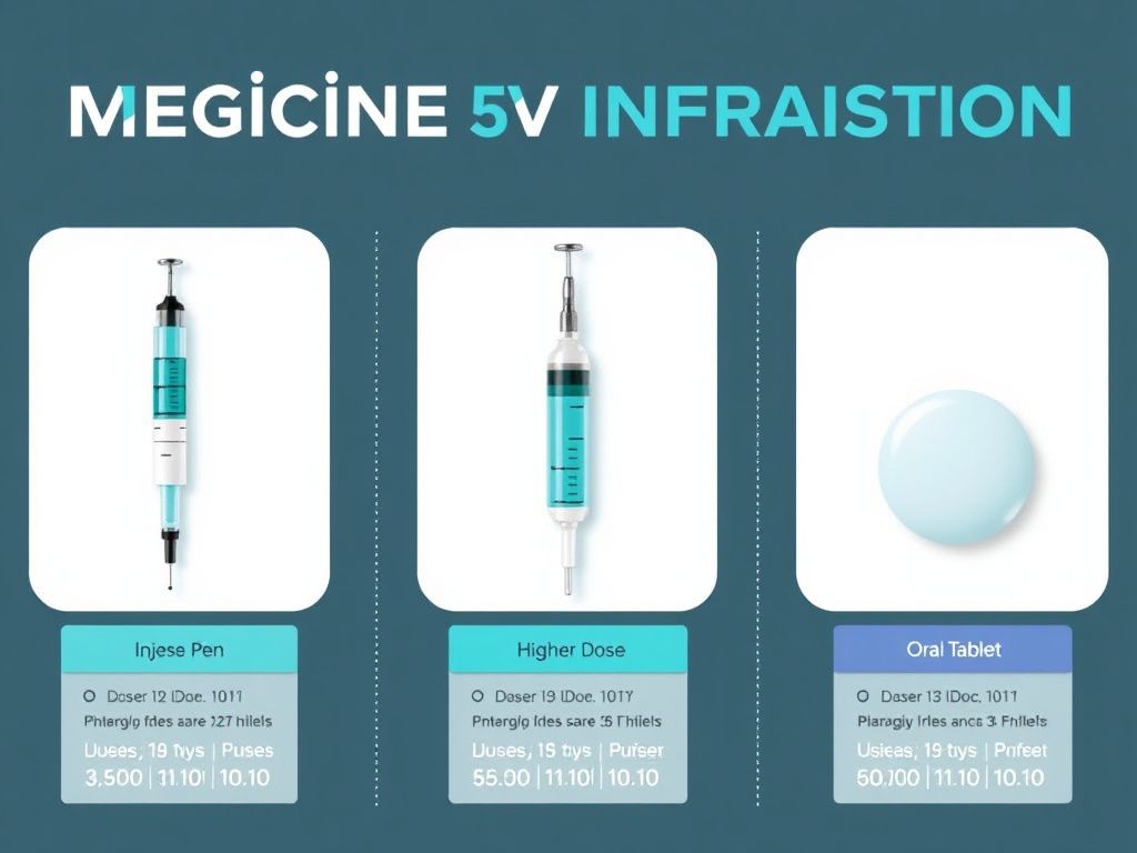 Side-by-side comparison of Ozempic, Wegovy, and Rybelsus semaglutide formulations with dosing information
