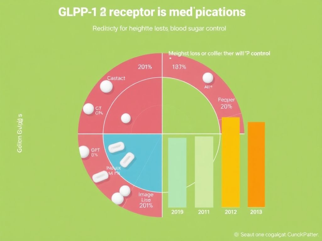 Comparison chart of GLP-1 receptor agonists including semaglutide, tirzepatide, liraglutide, and dulaglutide showing weight loss and HbA1c outcomes