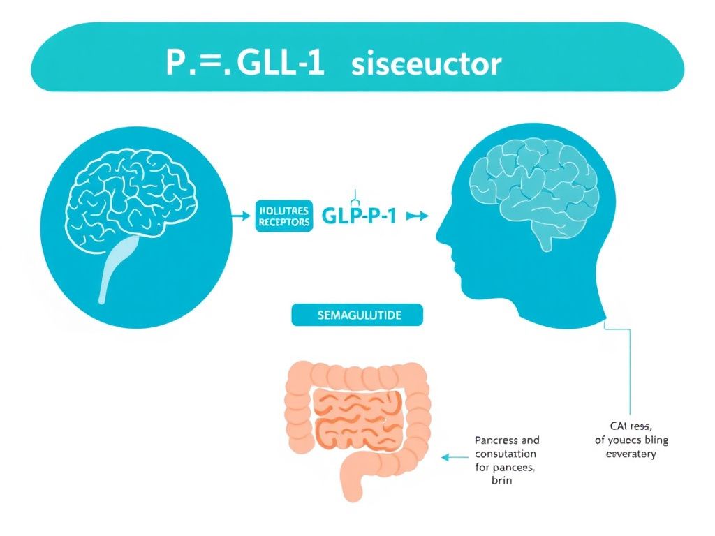 Diagram illustrating the GLP-1 receptor signaling pathway activated by semaglutide across pancreas, brain, and gastrointestinal tissue