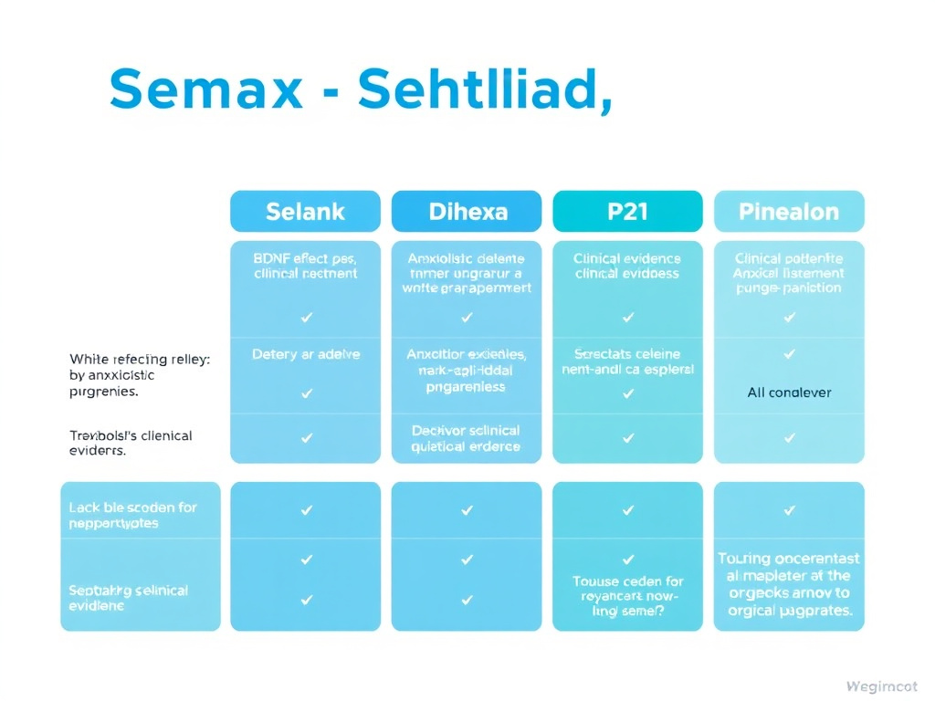 Comparison chart showing Semax, Selank, Dihexa, P21, and Pinealon across key parameters like BDNF effect, anxiolytic properties, and clinical evidence