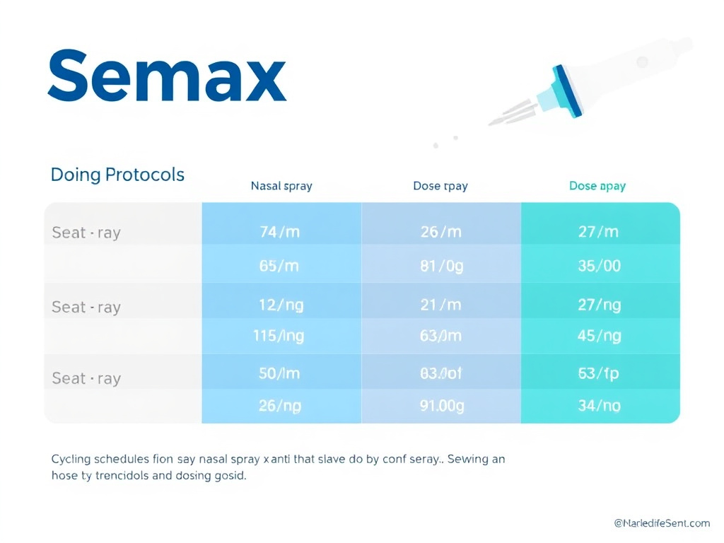 Visual guide showing Semax dosing protocols for nasal spray including cycling schedules and dose ranges