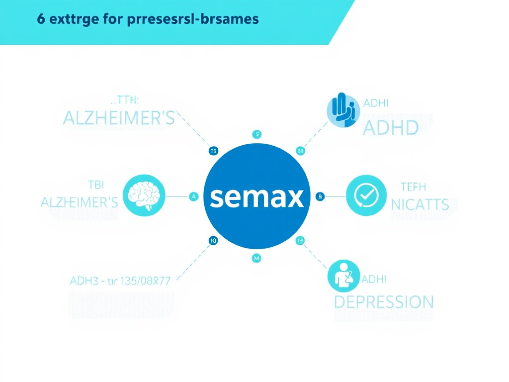 Diagram showing emerging research applications for Semax including TBI, Alzheimer's, Parkinson's, ADHD, and depression