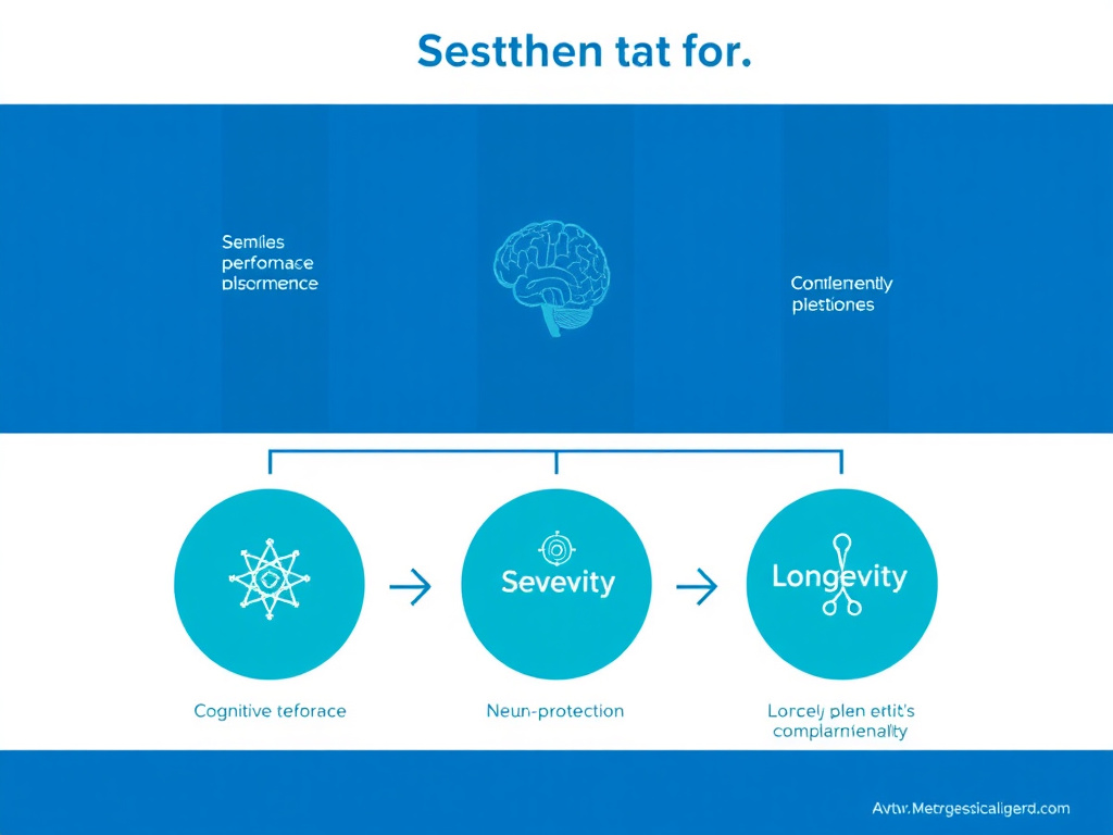 Diagram showing three Semax stacking protocols: cognitive performance, neuroprotection, and longevity with complementary peptides