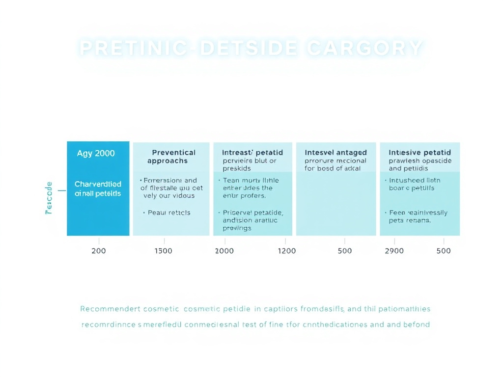 Timeline showing recommended cosmetic peptide categories by age decade, from prevention-focused approaches in the 20s to intensive multi-peptide strategies in the 50s and beyond