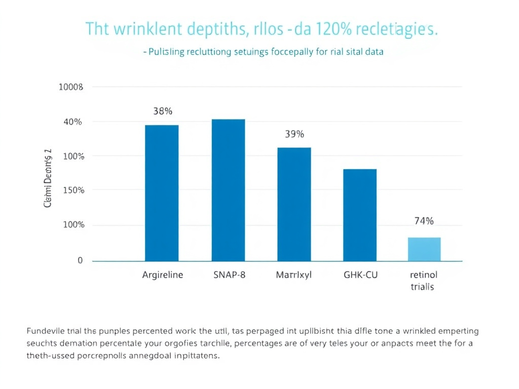 Bar chart comparing wrinkle depth reduction percentages for Argireline, SNAP-8, Matrixyl, GHK-Cu, and retinol based on published clinical trial data