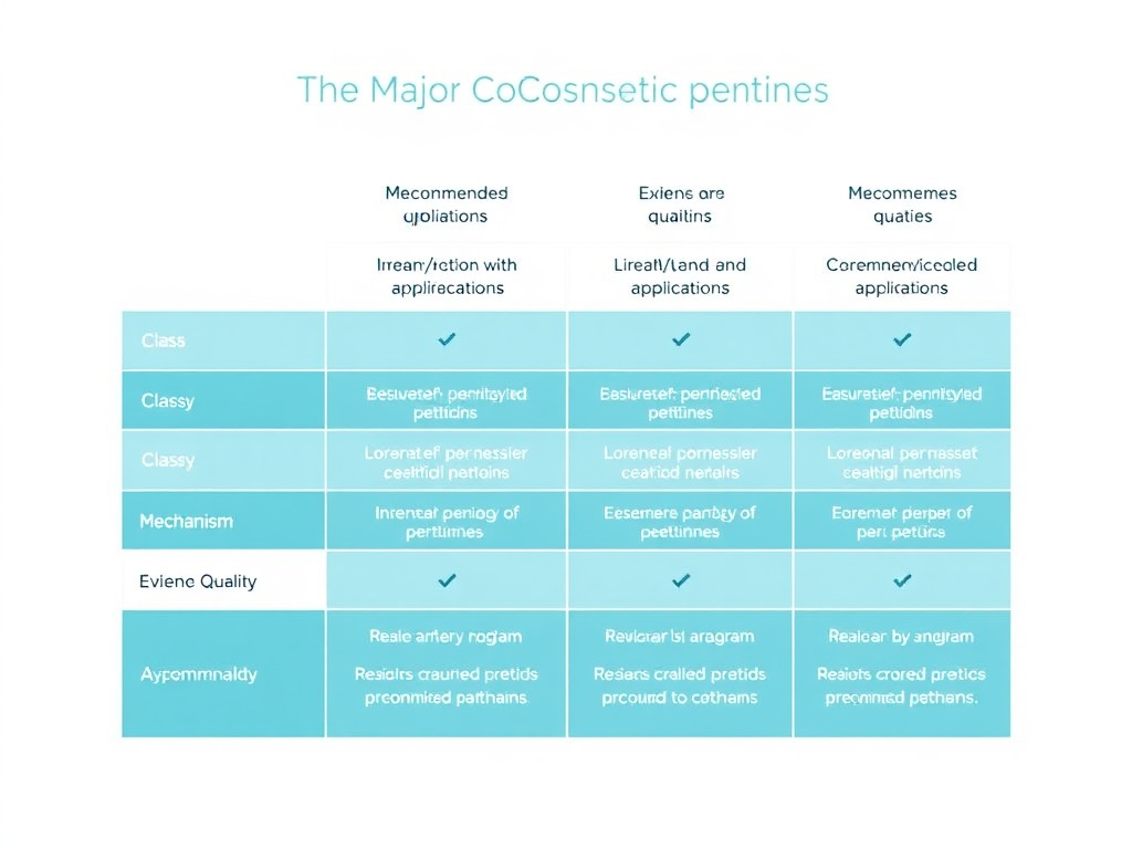 Visual matrix comparing the major cosmetic peptides by class, mechanism, evidence quality, and recommended applications