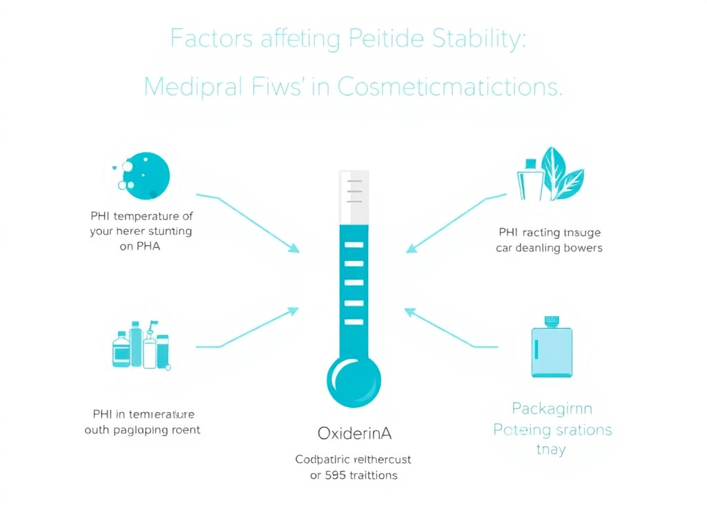 Diagram showing factors affecting peptide stability in cosmetic formulations including pH, temperature, oxidation, and packaging considerations