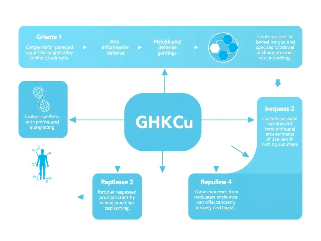 Diagram illustrating the multiple biological pathways influenced by GHK-Cu including collagen synthesis, antioxidant defense, anti-inflammatory signaling, and gene expression modulation