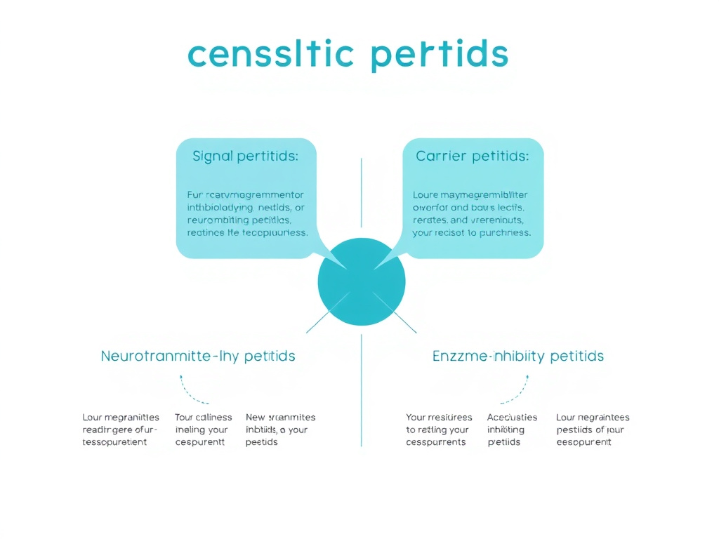 Infographic showing the four major categories of cosmetic peptides: signal peptides, neurotransmitter-inhibiting peptides, carrier peptides, and enzyme-inhibiting peptides with their mechanisms of action